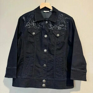 Chico’s Dark Denim Jacket Embroidered Sequins Artsy 2 Large